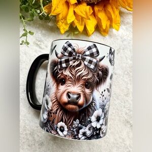New Highland Cow w/ Black & White Gingham Bow Ceramic Coffee Tea Mug Cup - 10oz